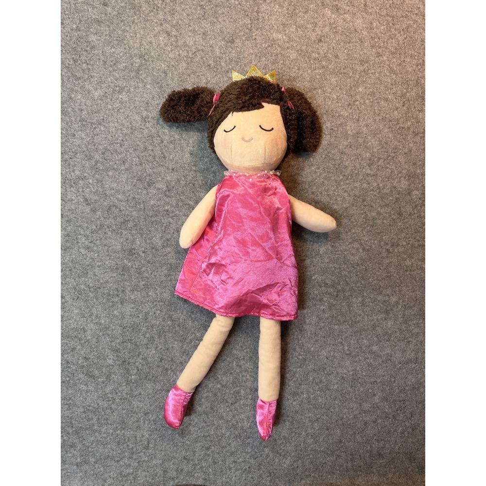 Pottery Barn Kids Princess Plush Doll Brunette Pigtails Pink Brown Satin Dress